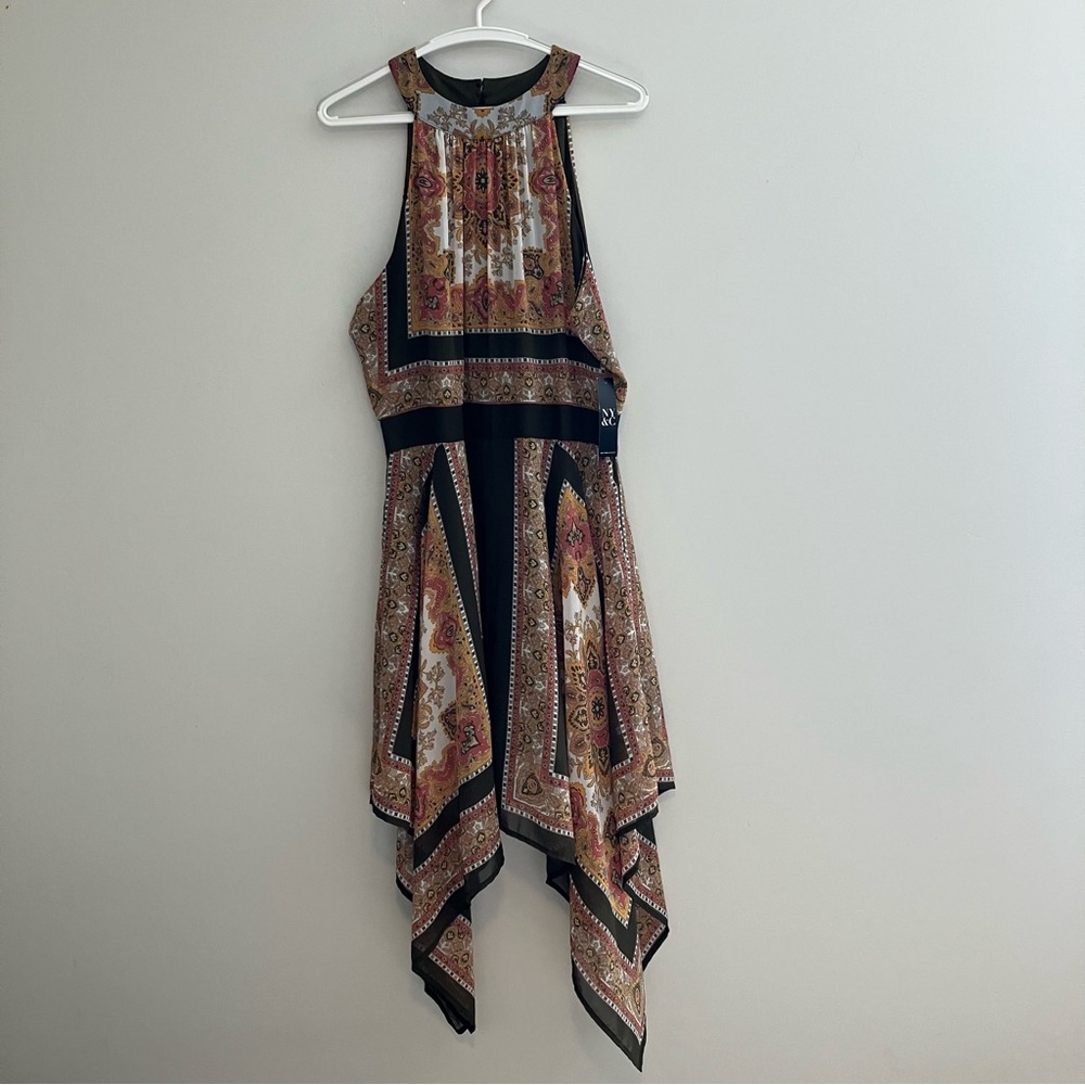 NY&C Scarf Hem Halter Dress with Inner Shorts Olive Green & Gold - NWT - Size 12